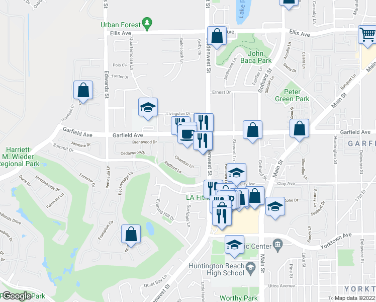map of restaurants, bars, coffee shops, grocery stores, and more near 19081 Goldenwest Street in Huntington Beach