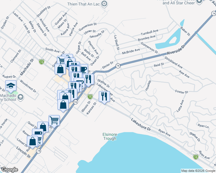 map of restaurants, bars, coffee shops, grocery stores, and more near Skyline Drive in Lake Elsinore