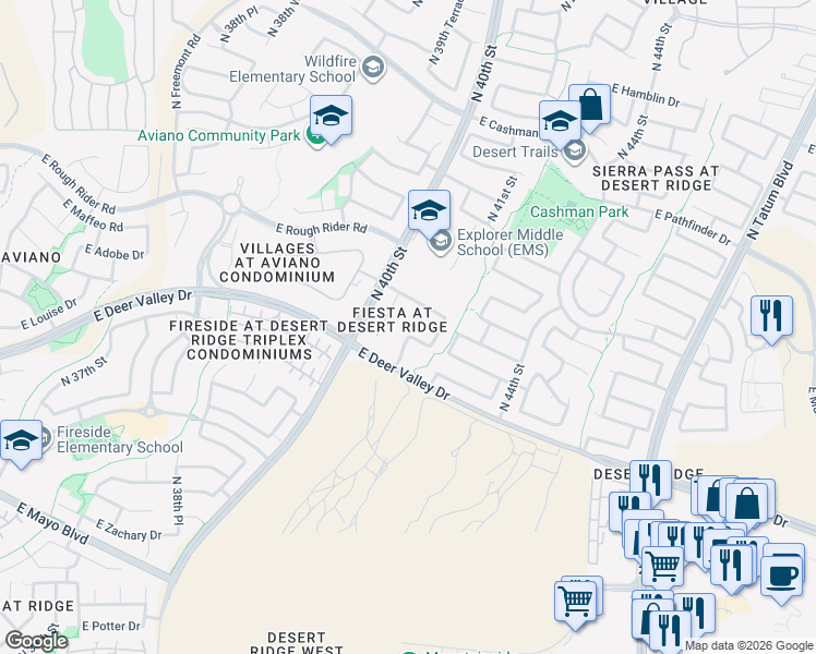map of restaurants, bars, coffee shops, grocery stores, and more near 21843 North 40th Place in Phoenix