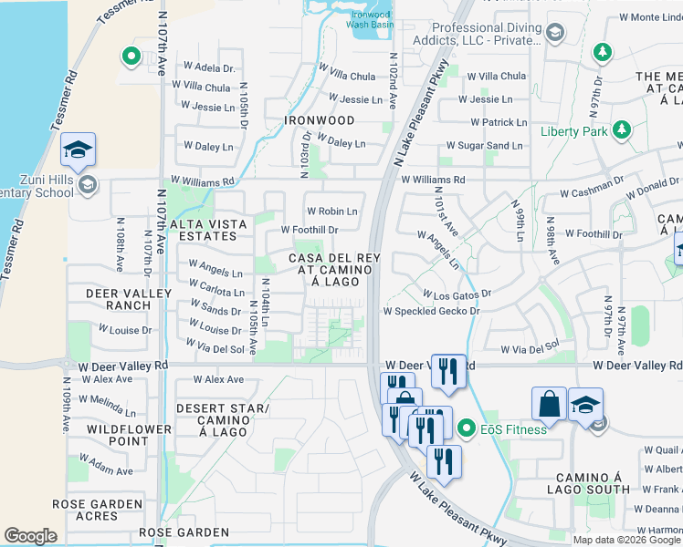 map of restaurants, bars, coffee shops, grocery stores, and more near 10265 West Carlota Lane in Peoria