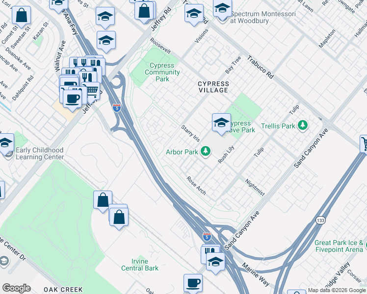map of restaurants, bars, coffee shops, grocery stores, and more near 74 Strawberry Grove in Irvine