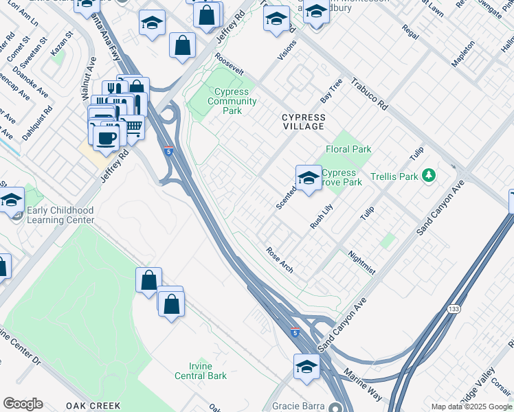 map of restaurants, bars, coffee shops, grocery stores, and more near 74 Strawberry Grove in Irvine