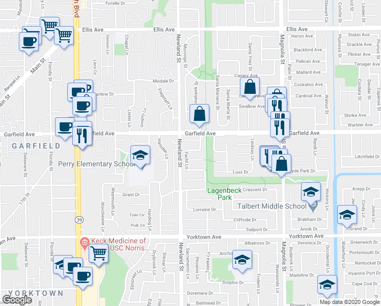 map of restaurants, bars, coffee shops, grocery stores, and more near 8532 Windlass Drive in Huntington Beach