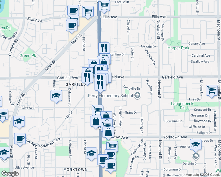 map of restaurants, bars, coffee shops, grocery stores, and more near 8115 Baymist Drive in Huntington Beach