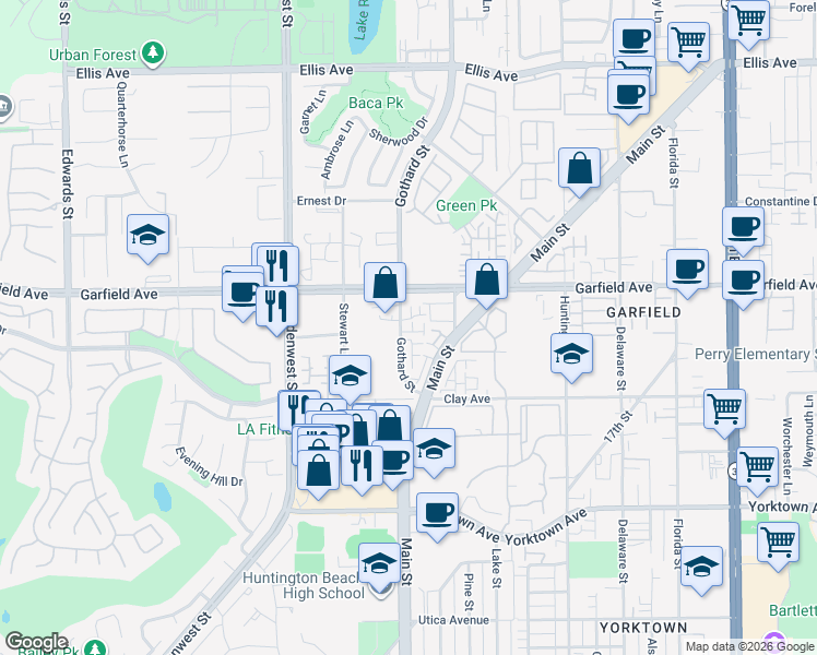 map of restaurants, bars, coffee shops, grocery stores, and more near 19051 Gothard Street in Huntington Beach