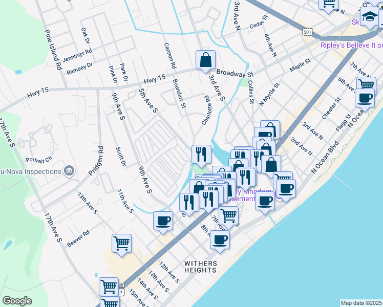 map of restaurants, bars, coffee shops, grocery stores, and more near 624 5th Avenue South in Myrtle Beach