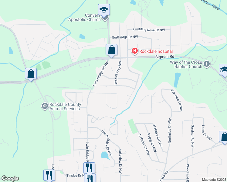 map of restaurants, bars, coffee shops, grocery stores, and more near 1037 Mountain View Road Northwest in Conyers
