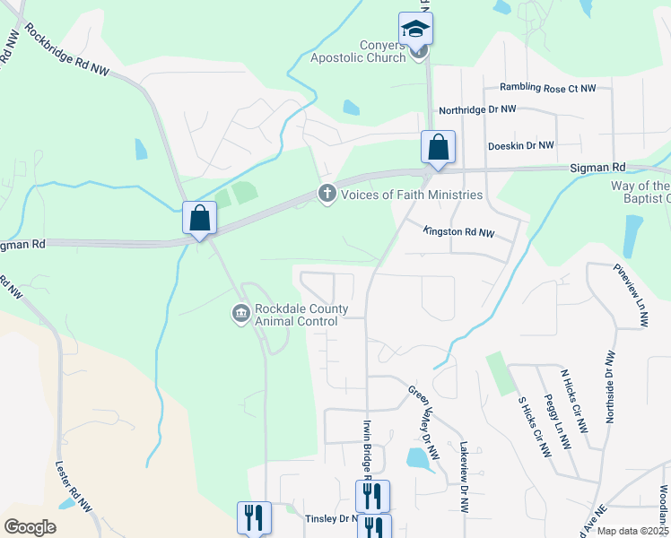 map of restaurants, bars, coffee shops, grocery stores, and more near 1242 Pinedale Circle Northwest in Conyers