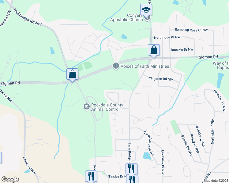 map of restaurants, bars, coffee shops, grocery stores, and more near 1230 Pinedale Circle Northwest in Conyers
