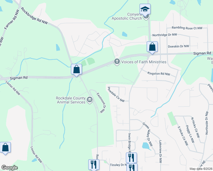 map of restaurants, bars, coffee shops, grocery stores, and more near 1214 Pinedale Circle Northwest in Conyers
