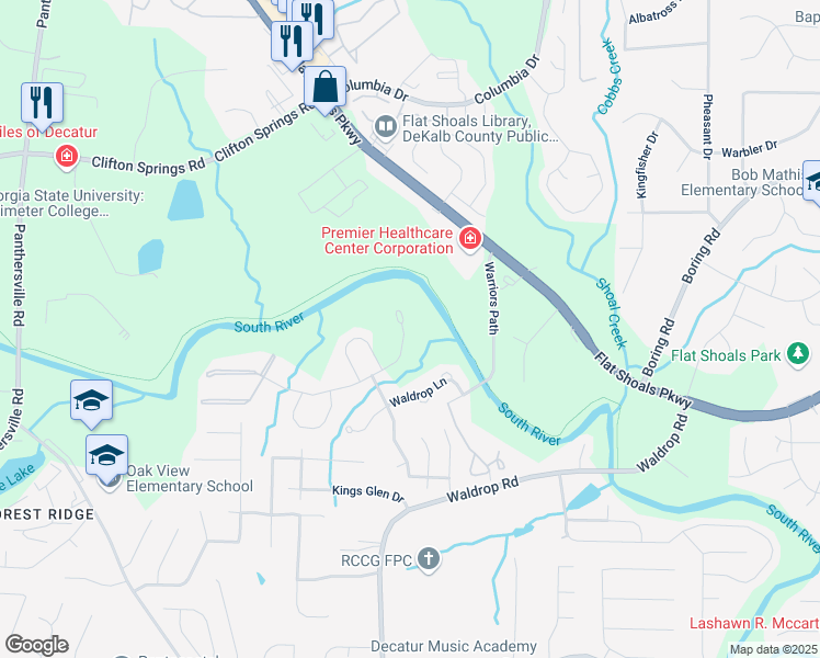 map of restaurants, bars, coffee shops, grocery stores, and more near 3336 Waldrop Trail in Decatur