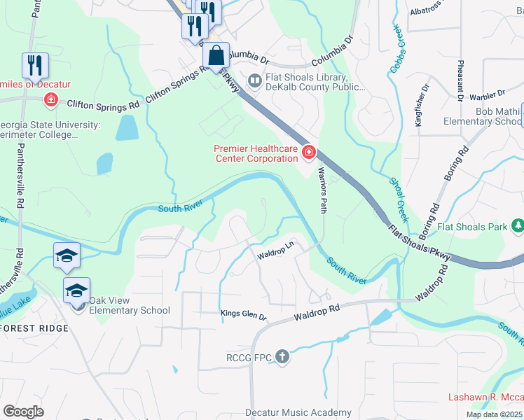 map of restaurants, bars, coffee shops, grocery stores, and more near 3331 Waldrop Trail in Decatur