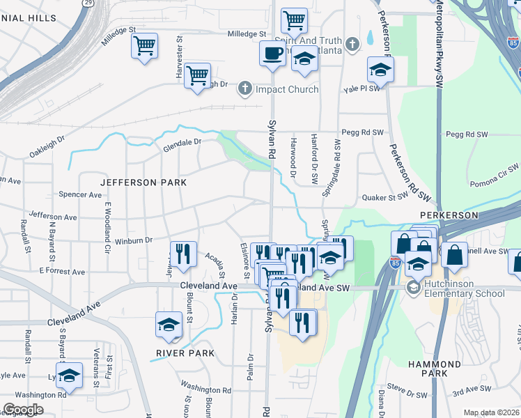 map of restaurants, bars, coffee shops, grocery stores, and more near 2555 Sylvan Road in East Point