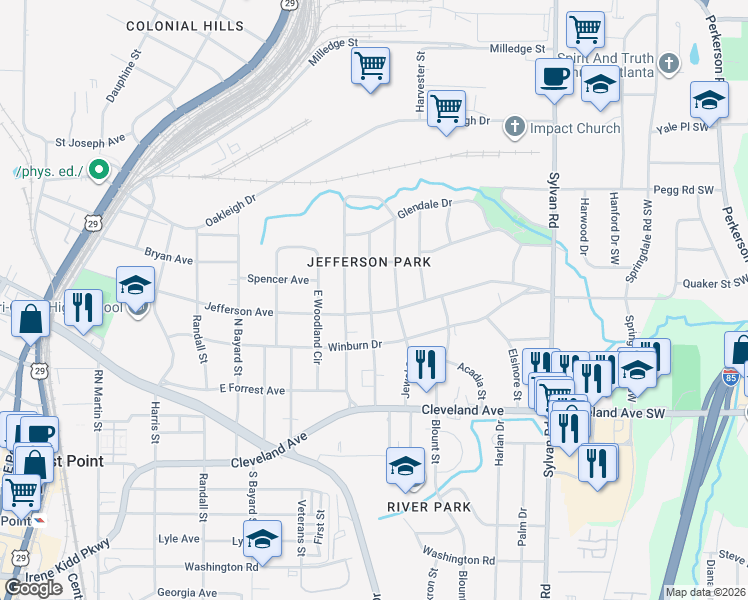 map of restaurants, bars, coffee shops, grocery stores, and more near 2546 Batavia Street in East Point