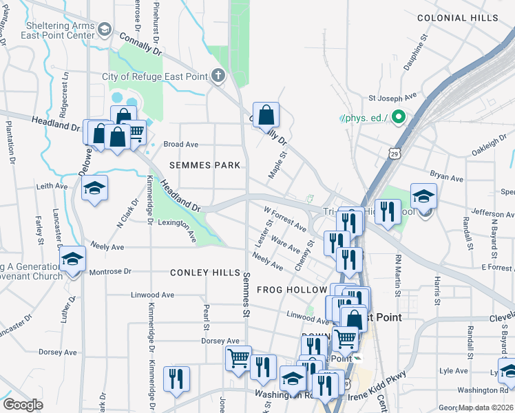 map of restaurants, bars, coffee shops, grocery stores, and more near 1780 West Forrest Avenue in East Point