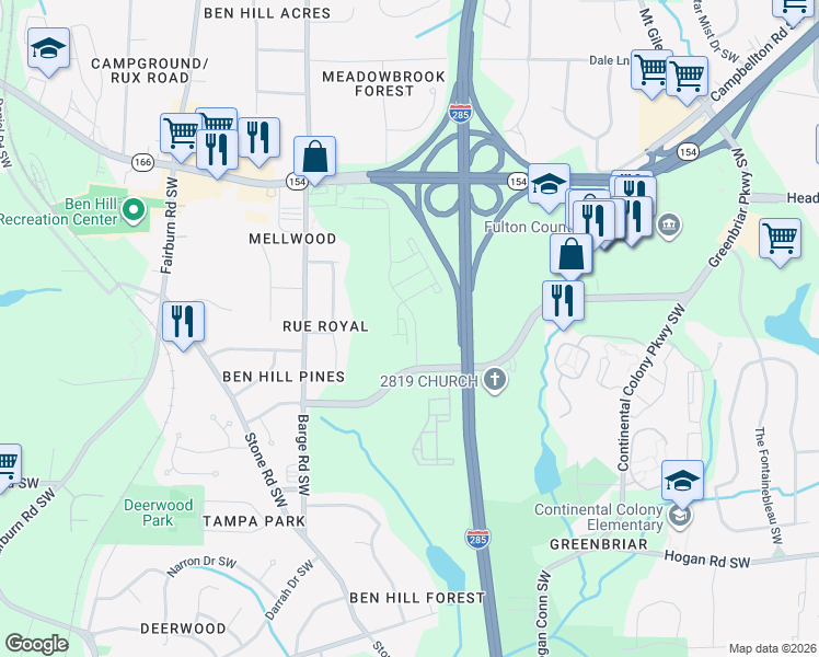 map of restaurants, bars, coffee shops, grocery stores, and more near 3417 Greenbriar Parkway Southwest in Atlanta