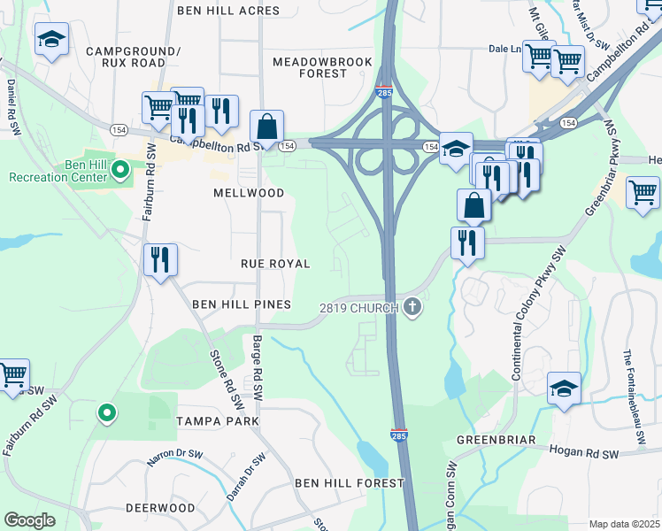 map of restaurants, bars, coffee shops, grocery stores, and more near 3417 Greenbriar Parkway Southwest in Atlanta