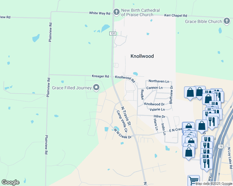 map of restaurants, bars, coffee shops, grocery stores, and more near 5003 North Travis Street in Sherman