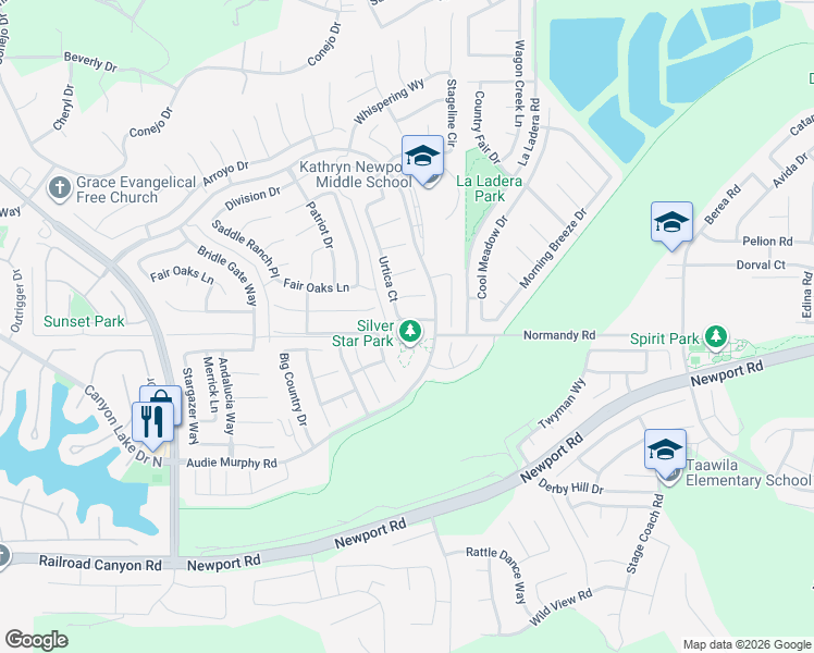 map of restaurants, bars, coffee shops, grocery stores, and more near 29945 Urtica Court in Menifee