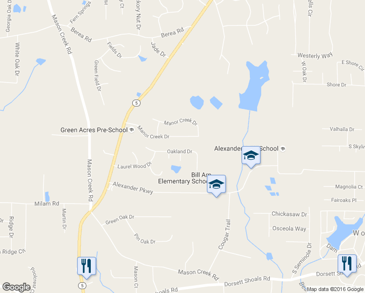 map of restaurants, bars, coffee shops, grocery stores, and more near 6762 Oakland Drive in Douglasville