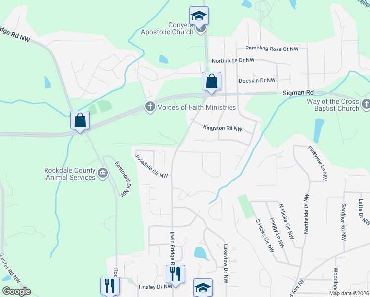 map of restaurants, bars, coffee shops, grocery stores, and more near 1125 Mountain View Road Northwest in Conyers