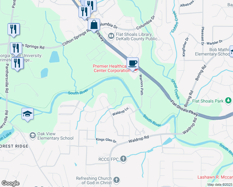 map of restaurants, bars, coffee shops, grocery stores, and more near 3336 Waldrop Trail in Decatur