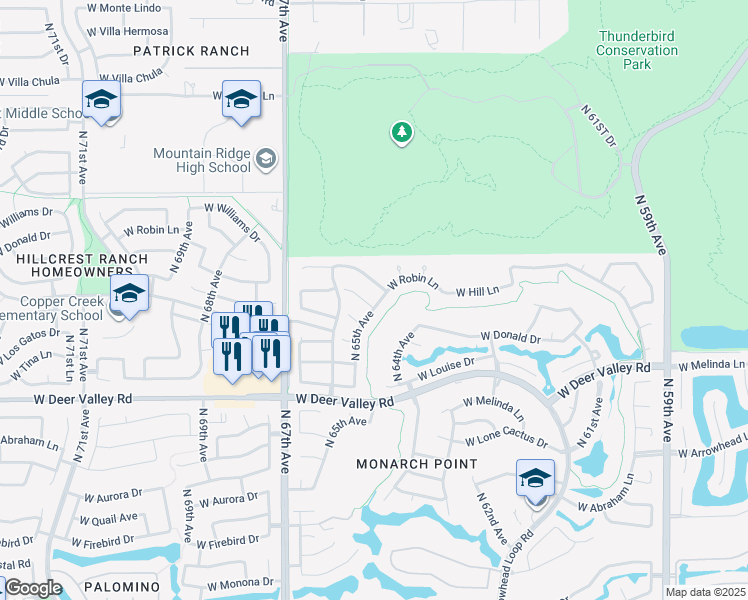 map of restaurants, bars, coffee shops, grocery stores, and more near 6535 West Via Montoya Drive in Glendale