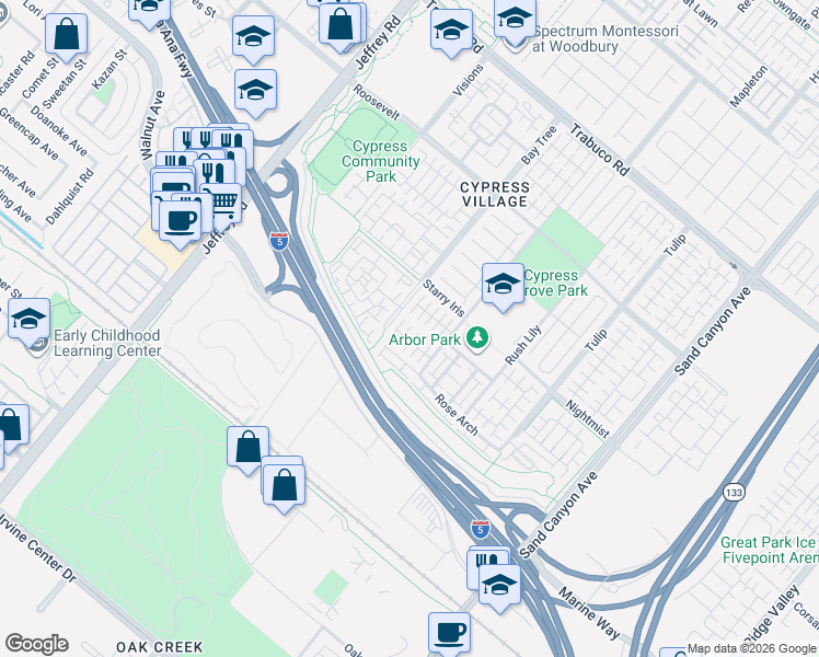 map of restaurants, bars, coffee shops, grocery stores, and more near 77 Painted Trellis in Irvine