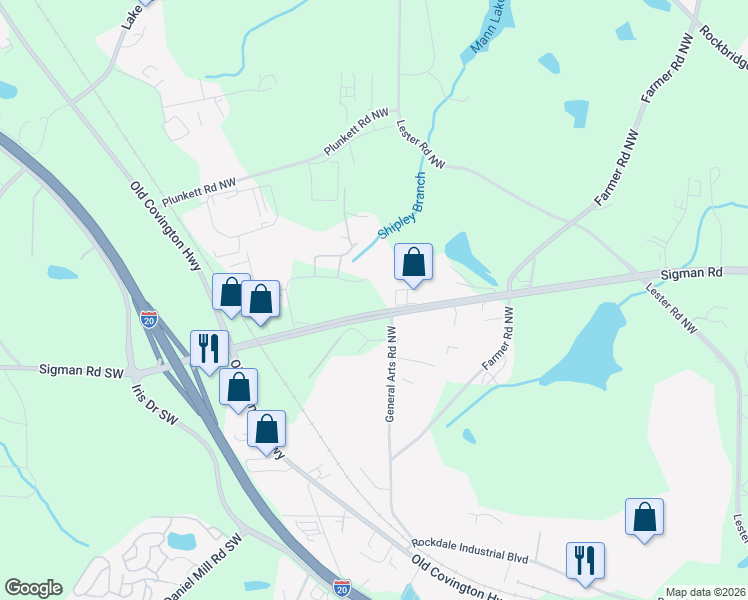map of restaurants, bars, coffee shops, grocery stores, and more near 2095 Sigman Road Northwest in Conyers