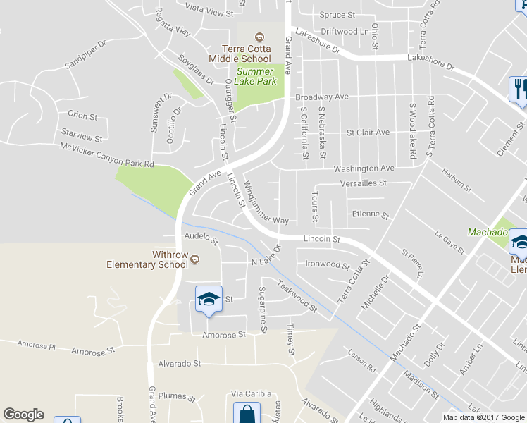 map of restaurants, bars, coffee shops, grocery stores, and more near 15244 Windjammer Way in Lake Elsinore