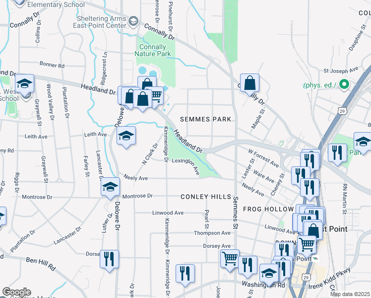 map of restaurants, bars, coffee shops, grocery stores, and more near 1930 Headland Drive in East Point