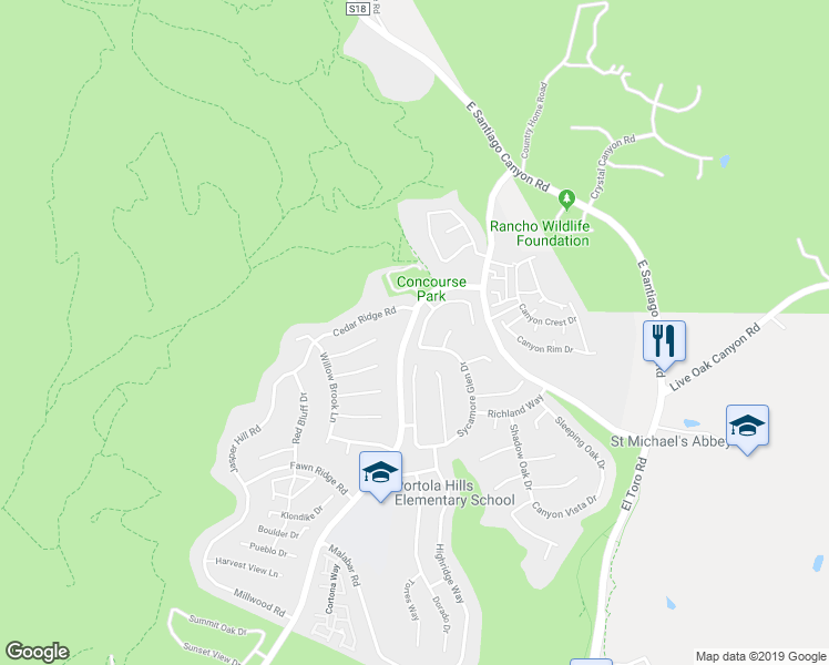 map of restaurants, bars, coffee shops, grocery stores, and more near 19055 Woodland Way in Trabuco Canyon