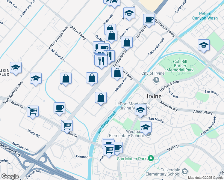map of restaurants, bars, coffee shops, grocery stores, and more near 17171 Murphy Avenue in Irvine