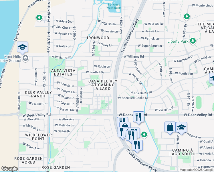 map of restaurants, bars, coffee shops, grocery stores, and more near 10265 West Carlota Lane in Peoria