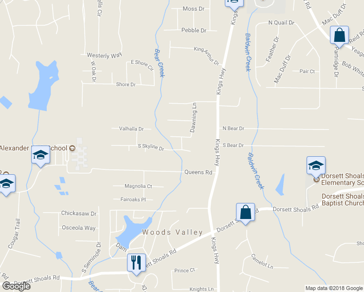 map of restaurants, bars, coffee shops, grocery stores, and more near 6021 Cunard Street in Douglasville