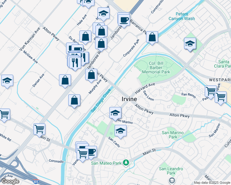 map of restaurants, bars, coffee shops, grocery stores, and more near 77 Abrazo Aisle in Irvine