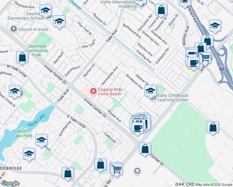 map of restaurants, bars, coffee shops, grocery stores, and more near 5101 Chateau Circle in Irvine