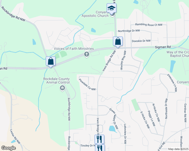 map of restaurants, bars, coffee shops, grocery stores, and more near 1258 Pinedale Circle Northwest in Conyers