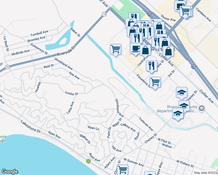 map of restaurants, bars, coffee shops, grocery stores, and more near Strickland Avenue in Lake Elsinore