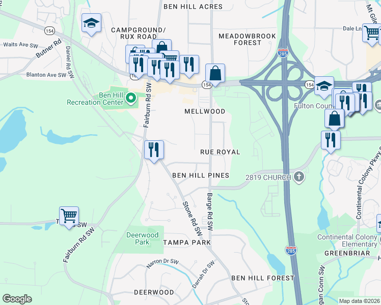map of restaurants, bars, coffee shops, grocery stores, and more near 2543 Susan Lane Southwest in Atlanta