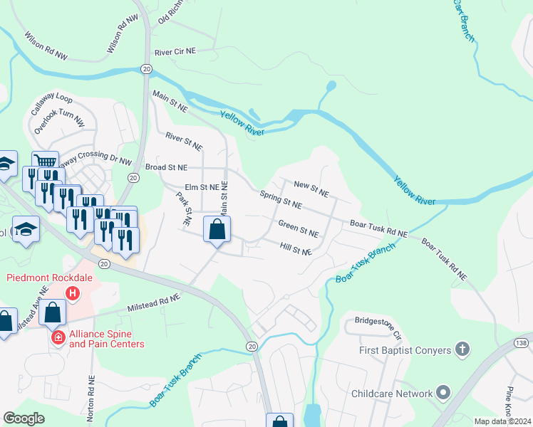map of restaurants, bars, coffee shops, grocery stores, and more near 1710 Green Street Northeast in Conyers