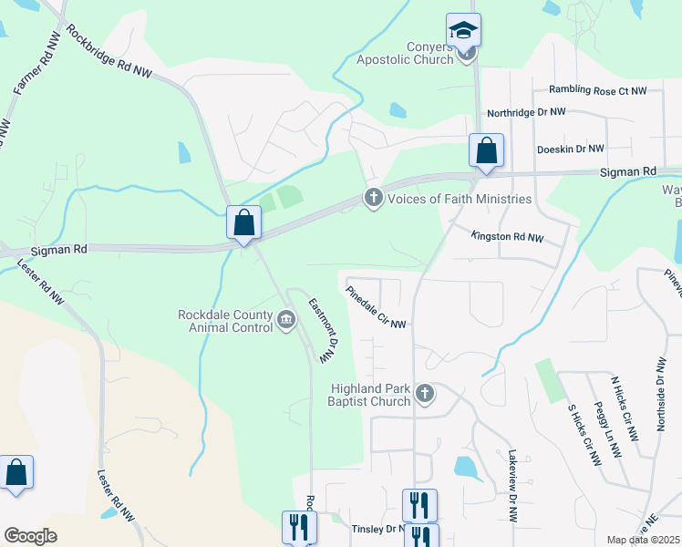 map of restaurants, bars, coffee shops, grocery stores, and more near 1214 Pinedale Circle Northwest in Conyers
