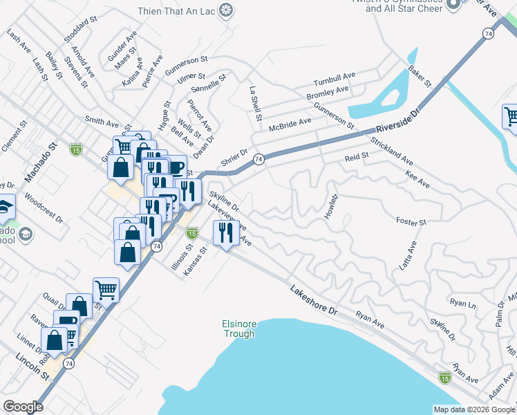 map of restaurants, bars, coffee shops, grocery stores, and more near Sunnyslope Avenue in Lake Elsinore