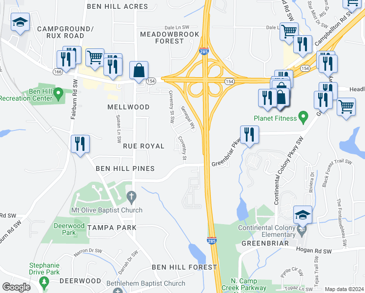 map of restaurants, bars, coffee shops, grocery stores, and more near 3417 Greenbriar Parkway Southwest in Atlanta