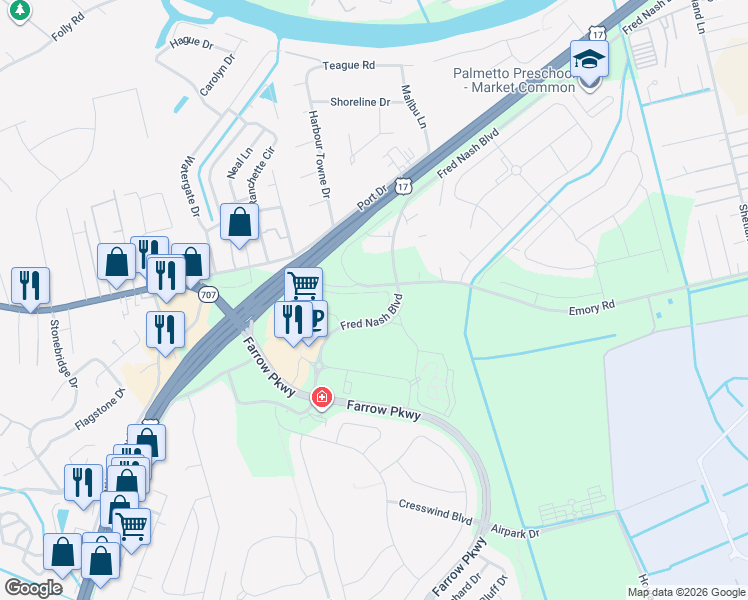 map of restaurants, bars, coffee shops, grocery stores, and more near 3084 Emory Road in Myrtle Beach