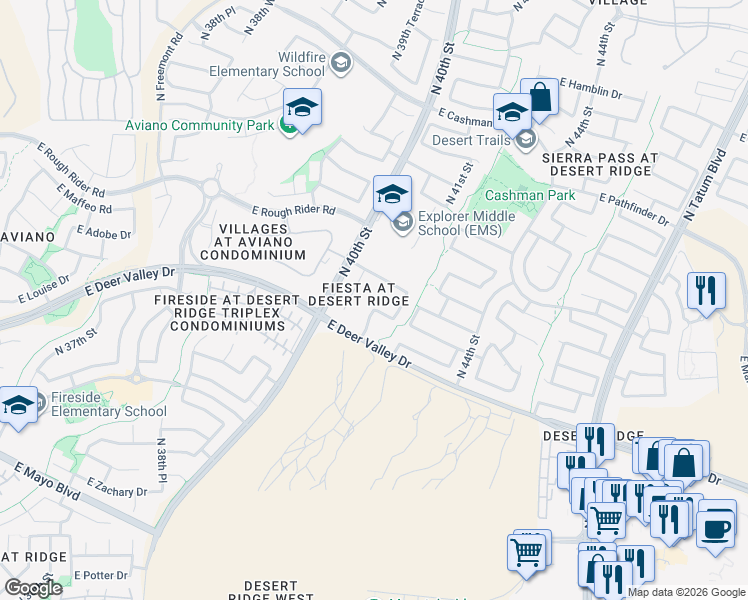 map of restaurants, bars, coffee shops, grocery stores, and more near 21843 North 40th Place in Phoenix