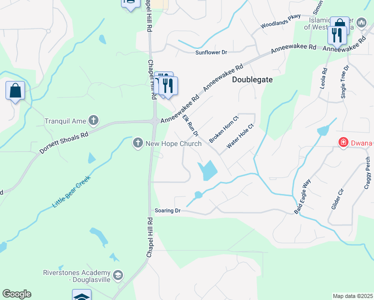 map of restaurants, bars, coffee shops, grocery stores, and more near 4131 High Country Drive in Douglasville