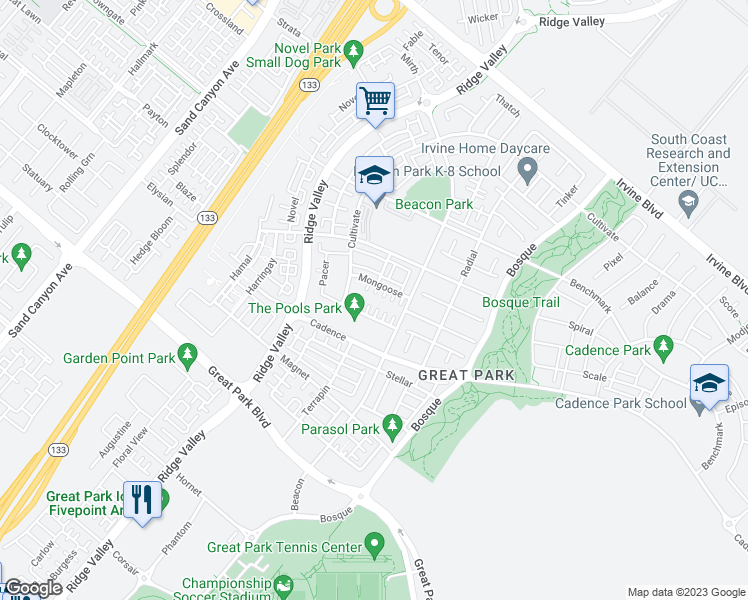 map of restaurants, bars, coffee shops, grocery stores, and more near 130 Mongoose in Irvine