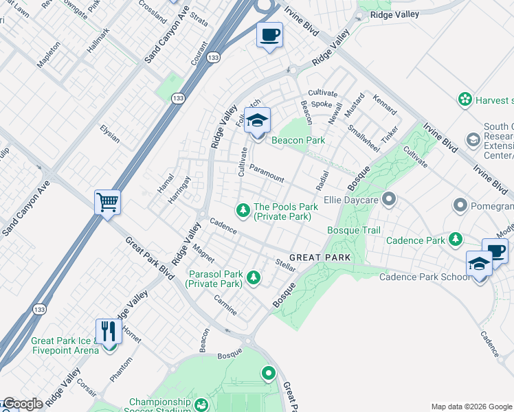 map of restaurants, bars, coffee shops, grocery stores, and more near 114 Cultivate in Irvine