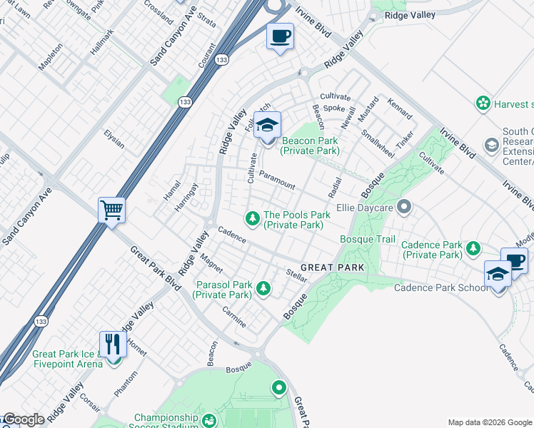 map of restaurants, bars, coffee shops, grocery stores, and more near 147 Newington in Irvine